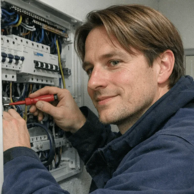 Elektriker misst Spannungen an einer geöffneten Unterverteilung in einer Wohnanlage