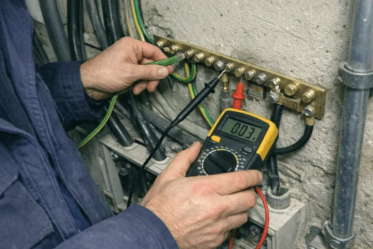 Elektriker kontrolliert den Potentialausgleich an blanken Kupferschienen im Kellerraum