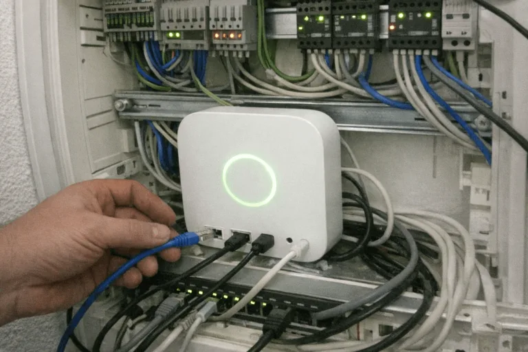 Elektriker ordnet Steuerkomponenten für Rollläden und Licht in einem kleinen Verteilerschrank