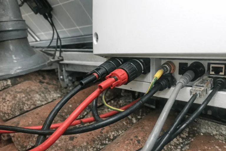 Techniker verbindet Wechselrichter und Hausverteilung einer Solaranlage