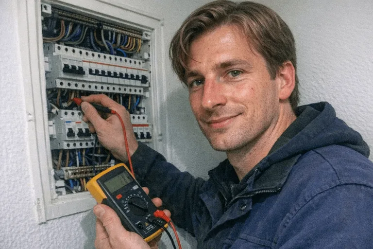 Techniker prüft mit Messgerät einen Wohnungsverteiler neben mehreren beschrifteten Sicherungen