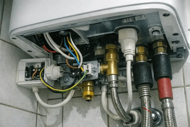 Monteur schließt einen Warmwasserspeicher an der Badezimmerwand an