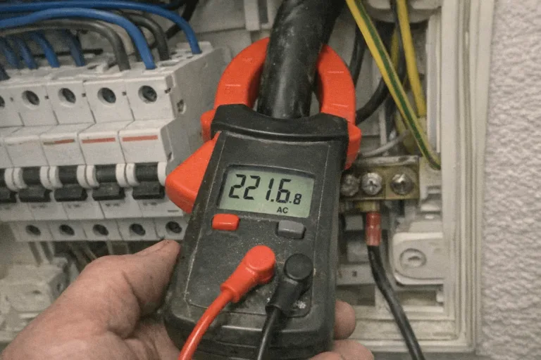 Messgerät zeigt Spannungswerte an, während ein Techniker am Zählerschrank arbeitet
